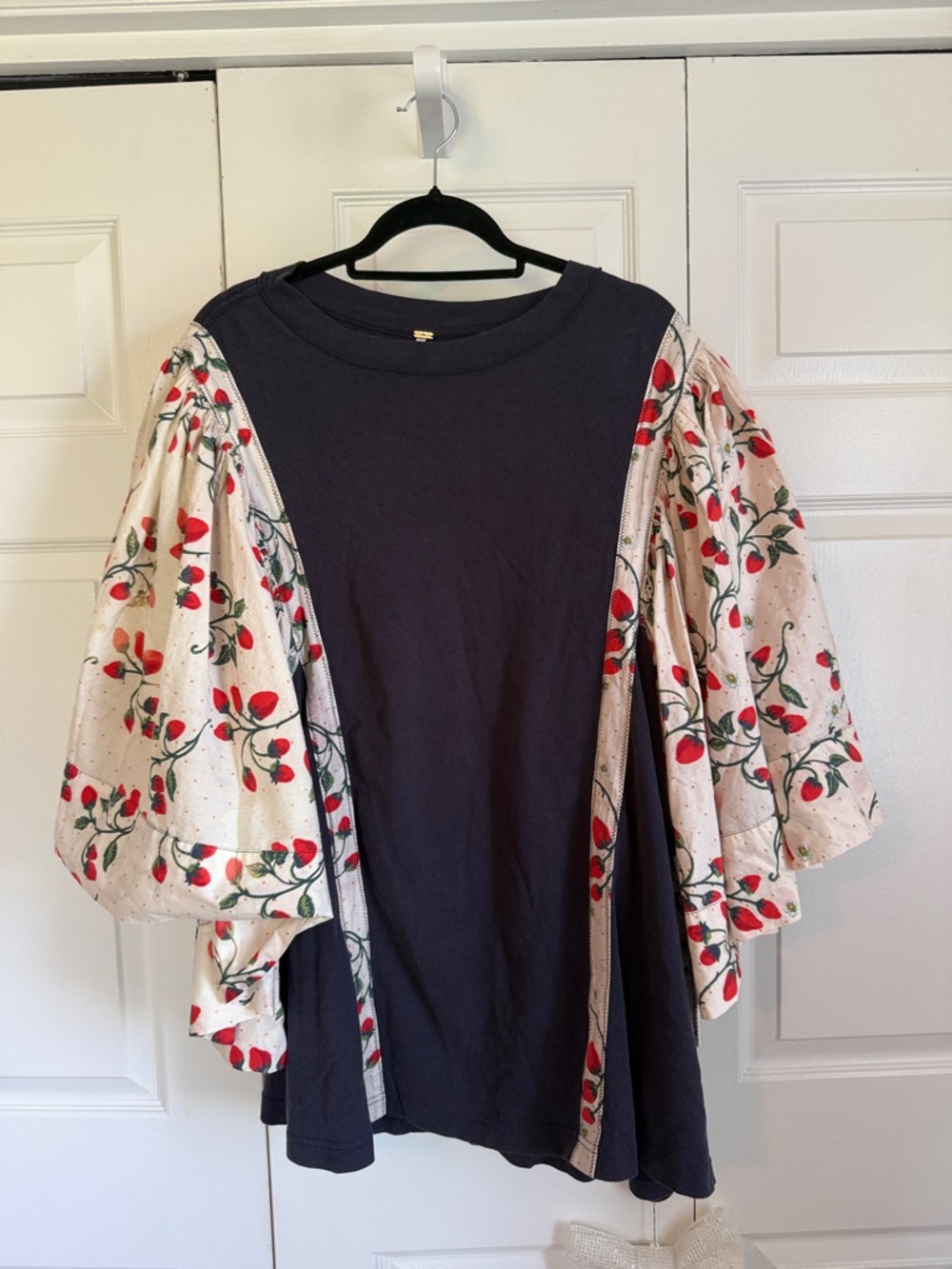 Free People Navy Top with Strawberry Puff Sleeves